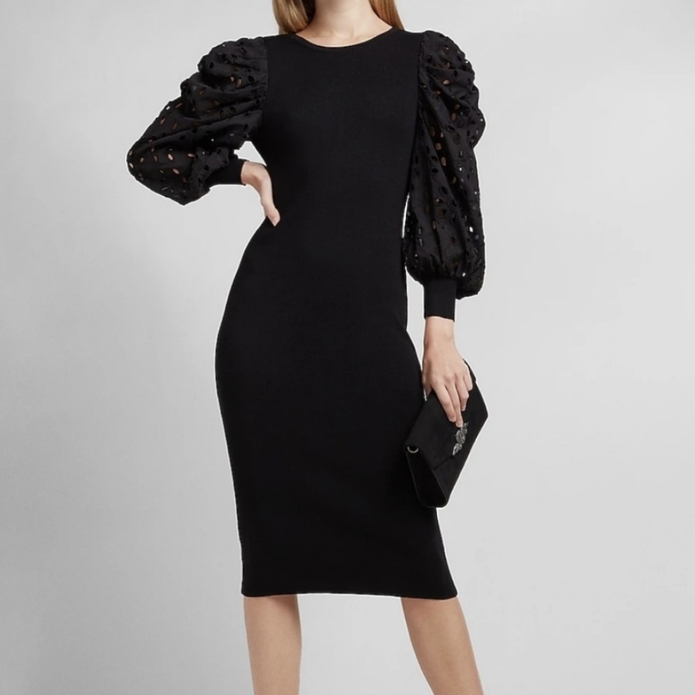 Express Eyelet Lace Puff Sleeve Ribbed Dress in Black Size Small
